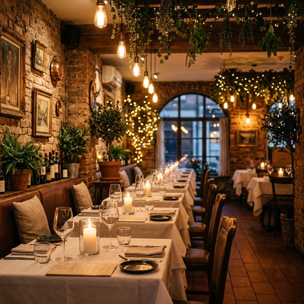 Elegant Italian restaurant interior with warm candlelit tables and exposed brick walls