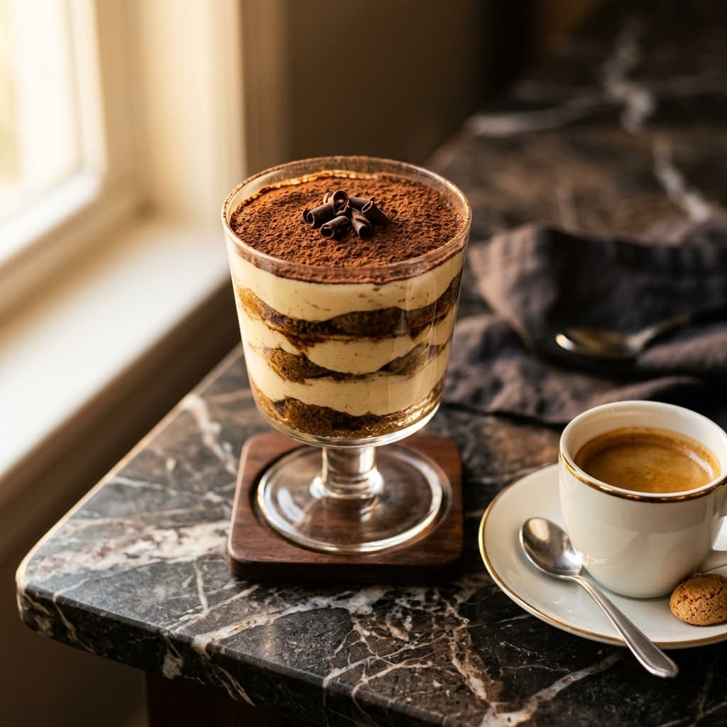 Italian tiramisu dessert and perfectly made espresso on dark marble