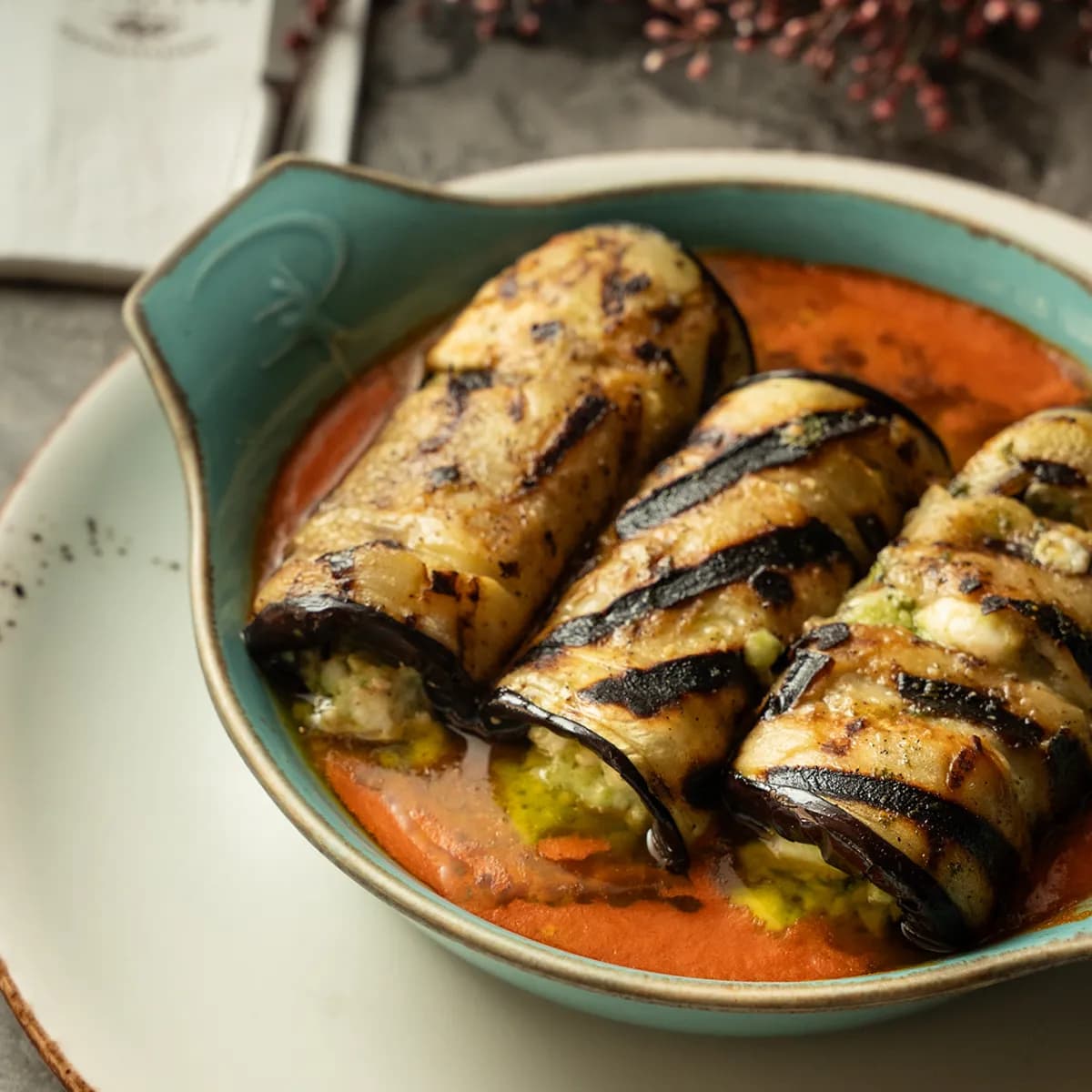 Grilled eggplant involtini in D'ORO tomato sauce
